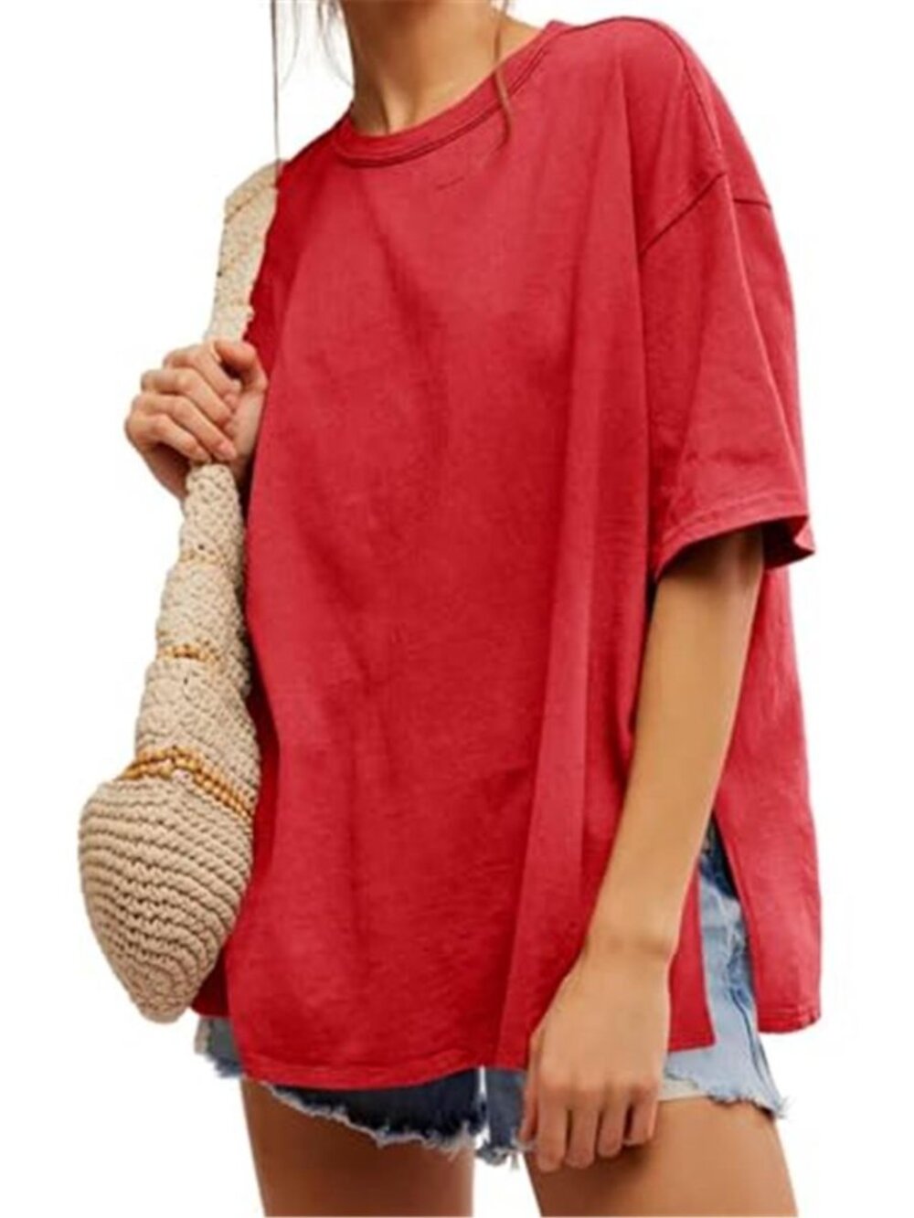 Womens Oversized T Shirt Summer Casual Crew Neck Drop Shoulder Side Slit Tee